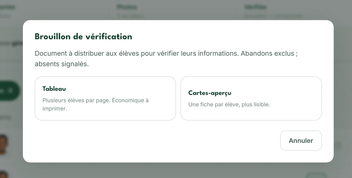 Fenêtre « Brouillon de vérification » : tableau ou cartes-aperçu