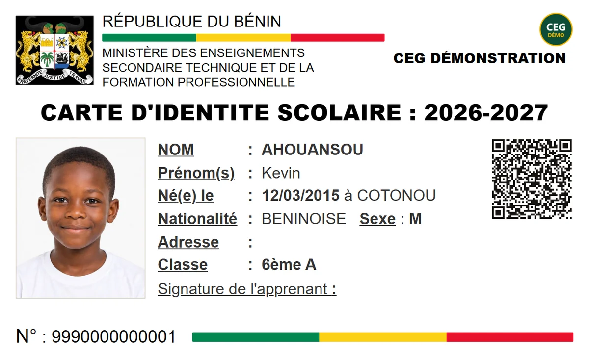 Recto d’une carte d’identité scolaire fictive