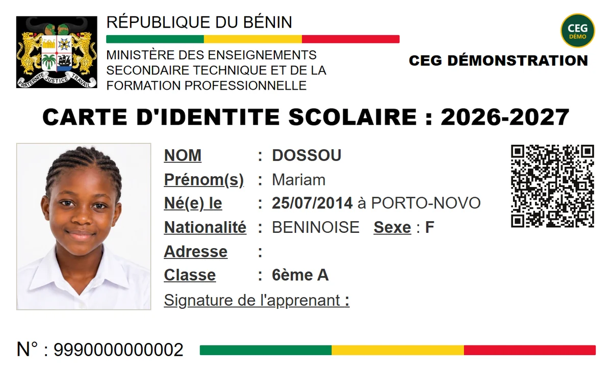 Carte d’identité scolaire produite par l’application pour une élève fictive, avec son QR code