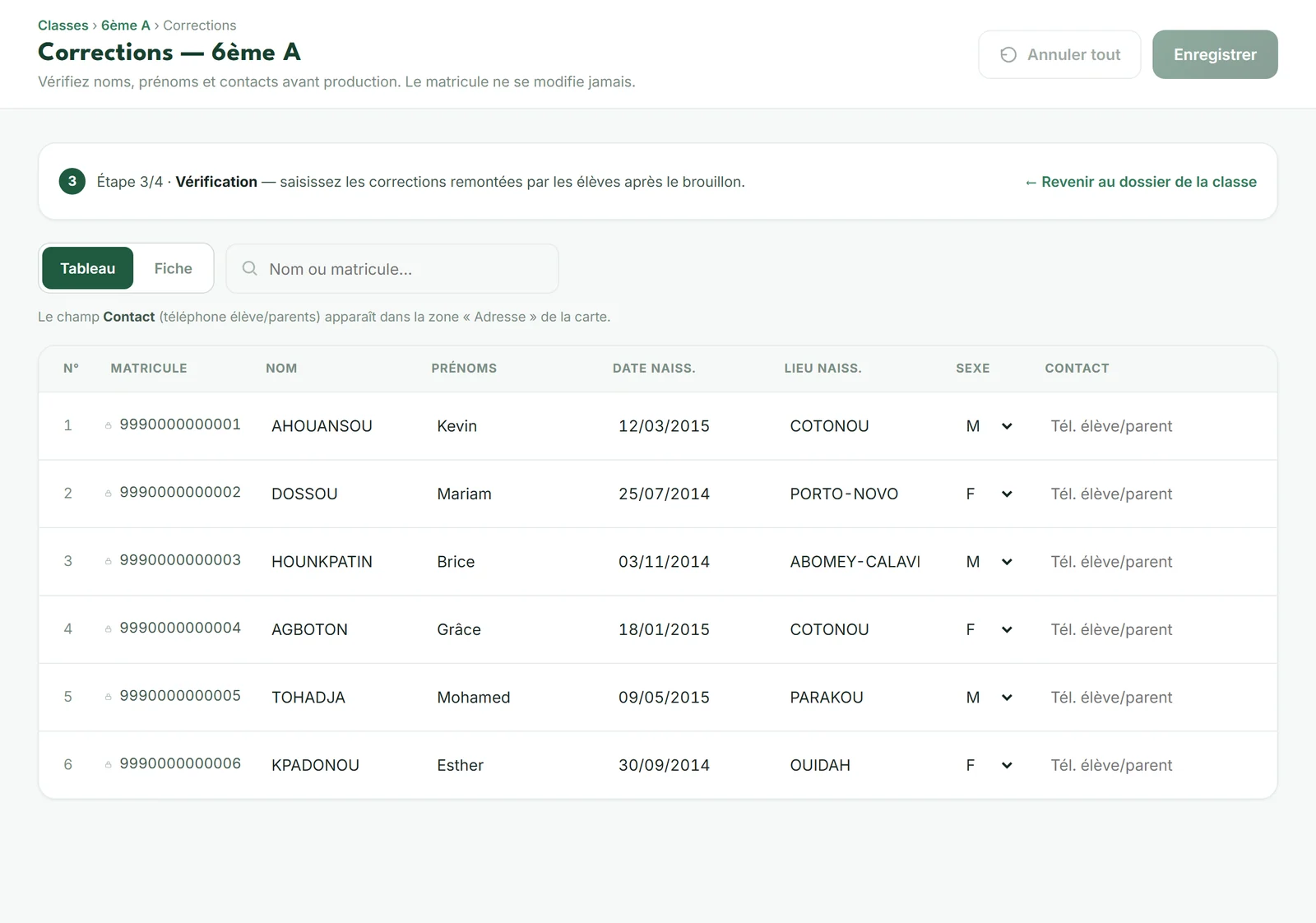 Écran Corrections en mode tableau