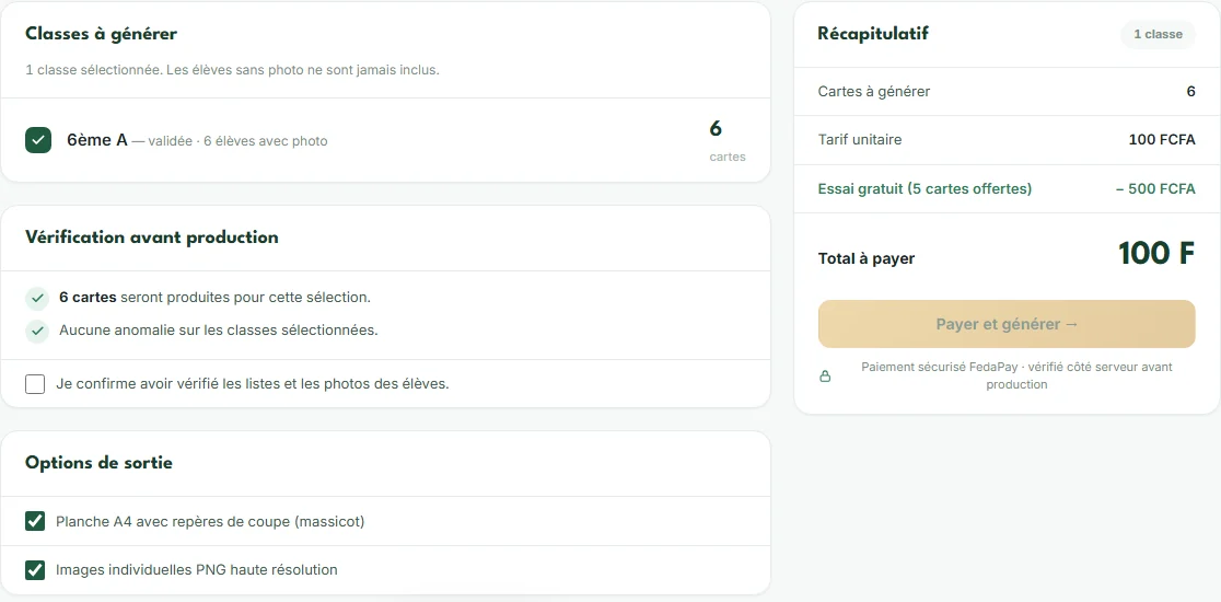 Récapitulatif de génération : 6 cartes, essai gratuit de 5 cartes, 100 F à payer
