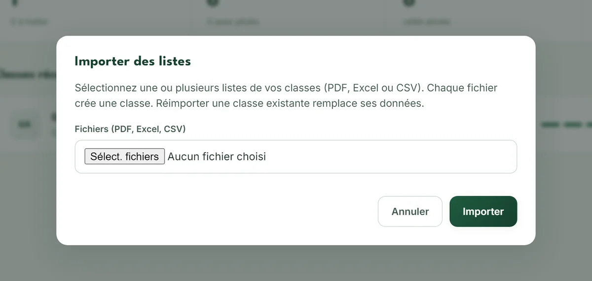 Fenêtre Importer des listes