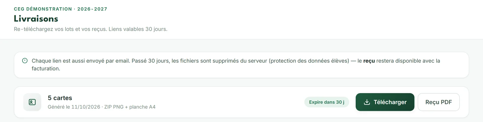 Écran Livraisons : lot de 5 cartes, lien valable 30 jours, reçu PDF